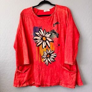Jess & Jane Large Tunic Top Coral Red 3/4 Sleeve Daisy Floral Mineral Wash